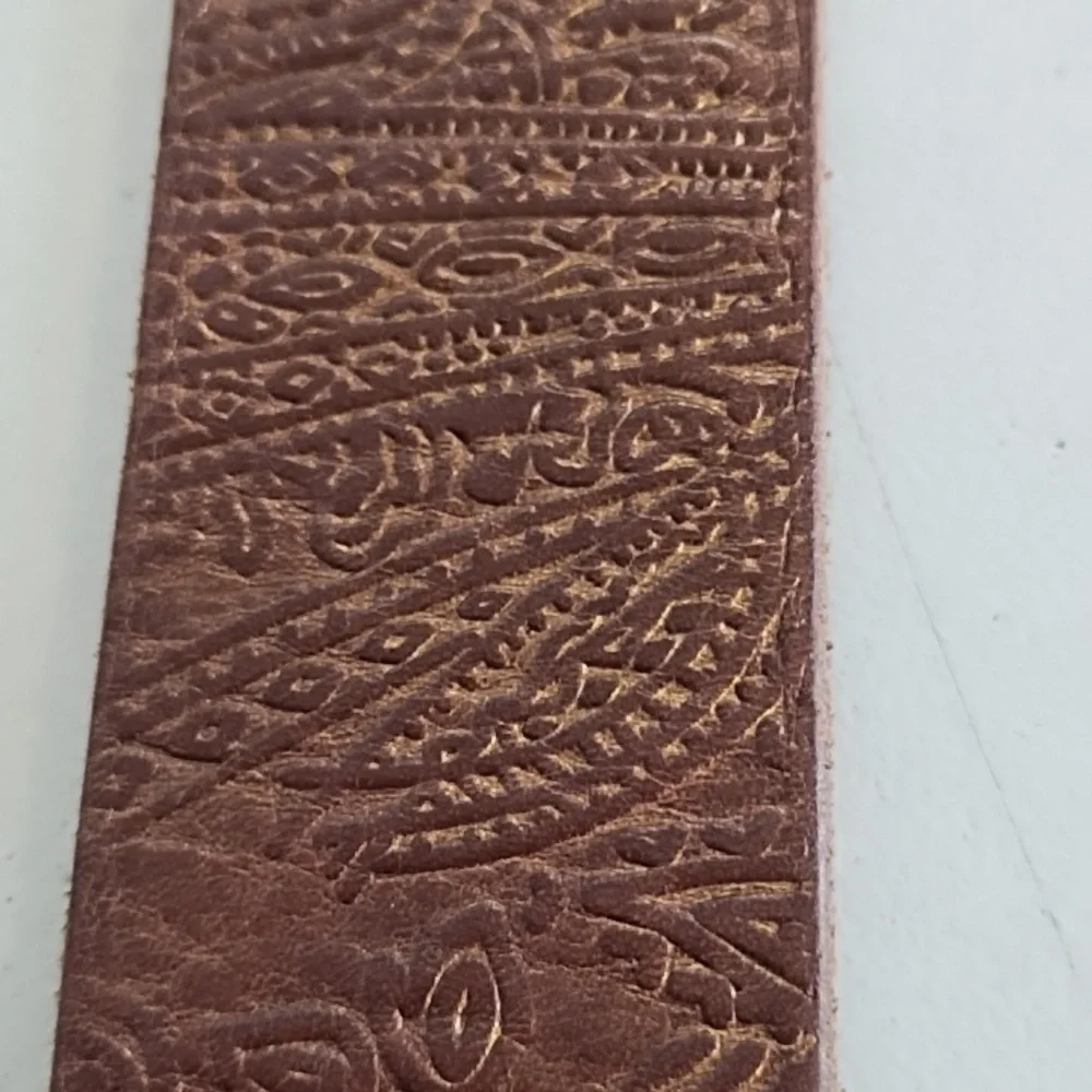 Brown Tooled Leather Belt with Coppery Metal Buckle With Rhinstones